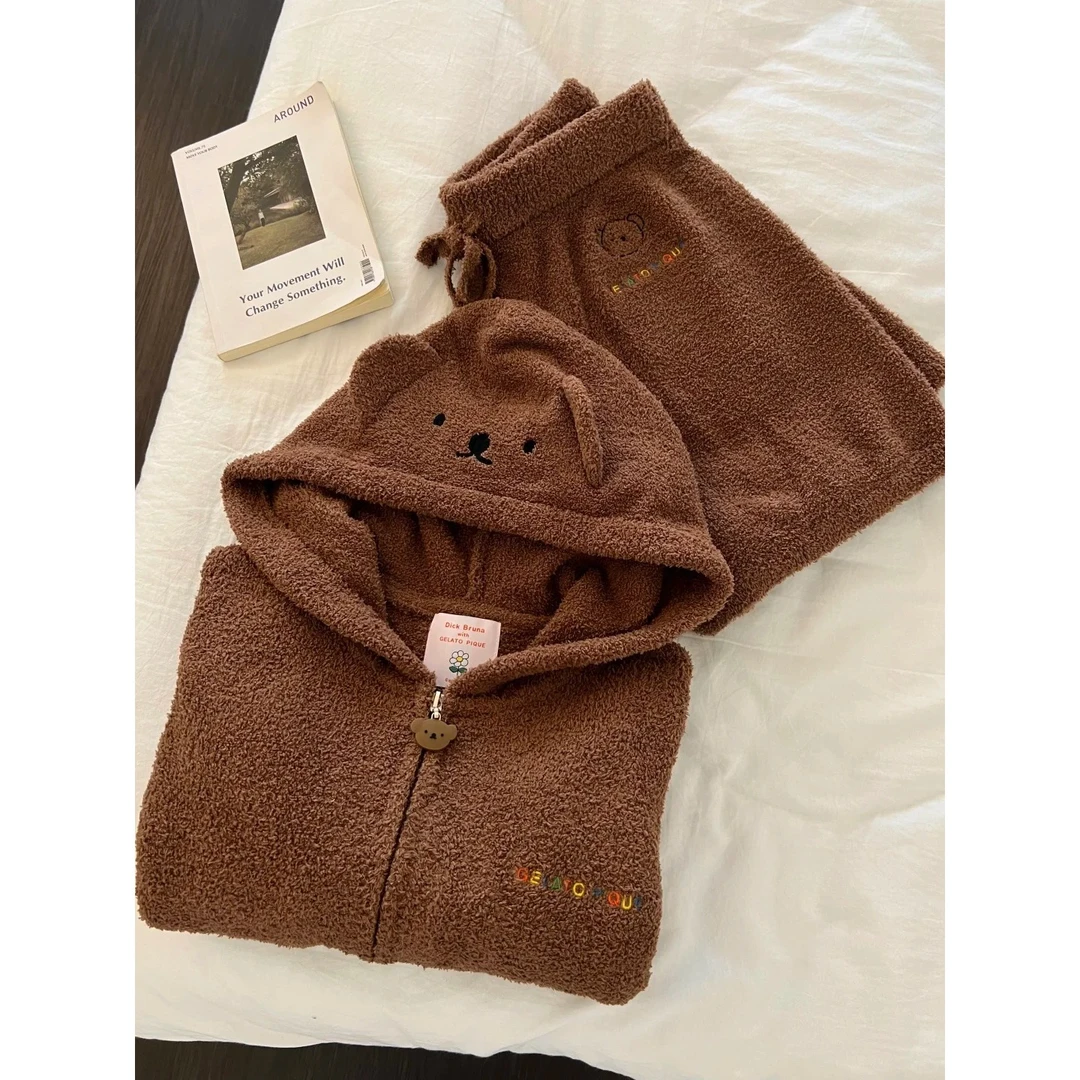 韩版美拉德可爱小狗连帽半边绒睡衣女冬季新款短裤套装保暖家居服