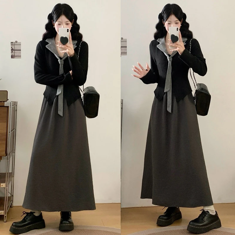 MO88ZSPF秋季新款微胖大码女装长袖一整套连衣裙格雷灰大摆针织裙