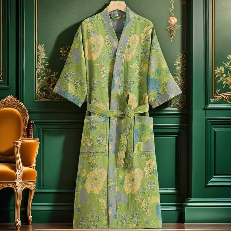 纯棉浴袍a类春秋薄款双层纱浴袍睡衣家居汗蒸服浴袍100%全棉A类