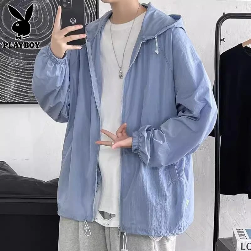 花花公子冰丝防晒衣男士潮流休闲夏季薄款户外连帽外套百搭夹克男