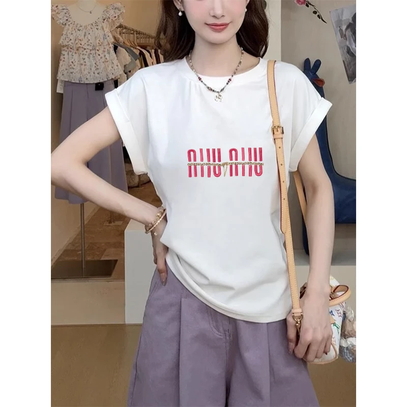 2025流行新款正肩圆领短袖t恤女装时尚百搭小飞袖上衣打底衫夏季