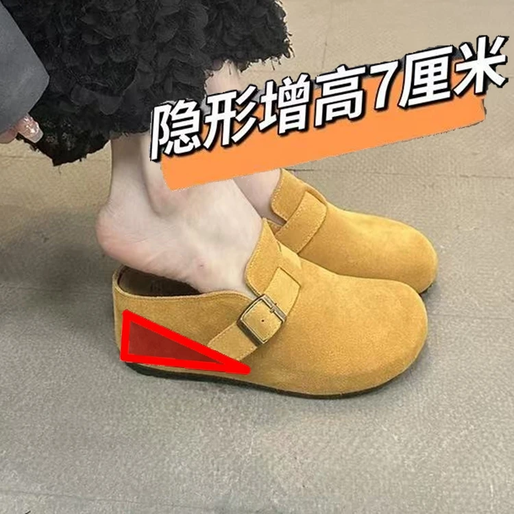 34码内增高厚底鞋勃肯鞋女夏季外穿复古丑萌软皮一脚蹬包头半拖鞋
