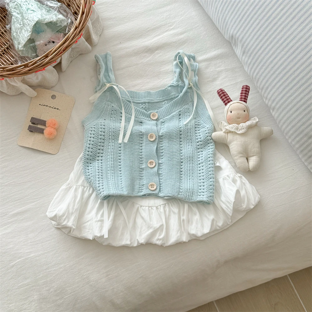 2025夏季女童洋气镂空针织衫套装女宝宝背心吊带花苞半身裙两件套