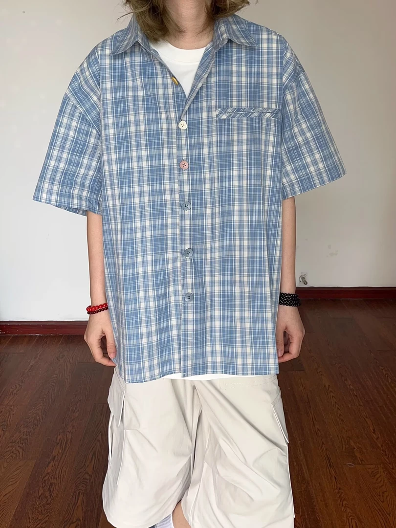 美式短袖格纹休闲衬衫男夏季宽松慵懒风百搭情侣五分衬衣外套潮流
