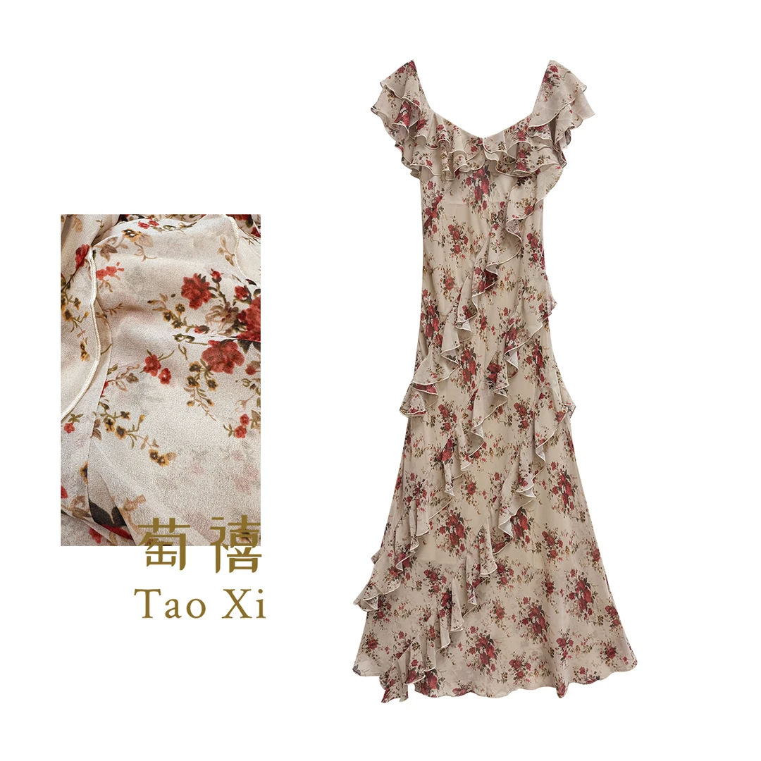 【萄禧】设计师款夏季时尚印花气质优雅修身连衣裙长裙TX06QZ1070