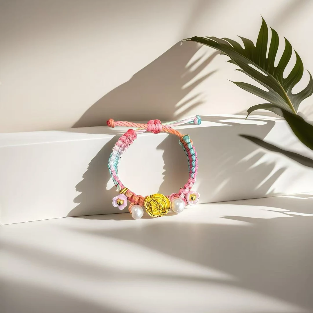 足金天然淡水珍珠玫瑰粉国风花朵手绳戒