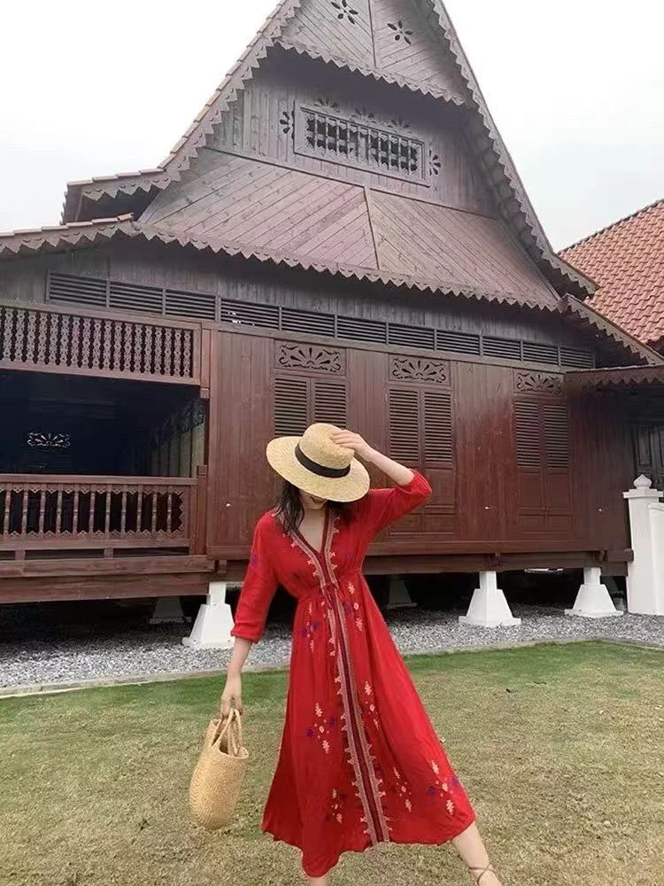 法式绿色小飞袖连衣裙夏季海边度假漂亮收腰长裙