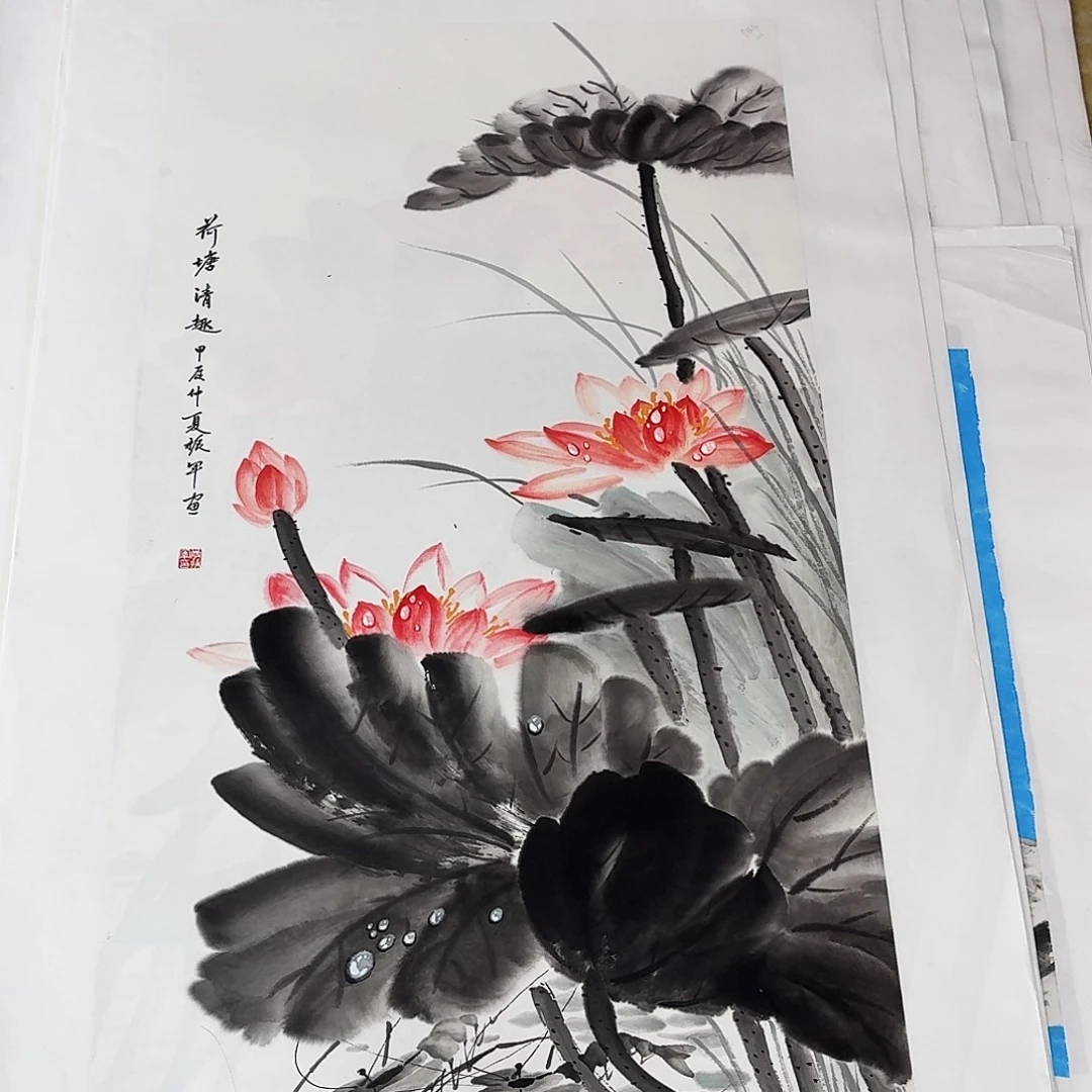 国画三尺整纸手绘作品一托底