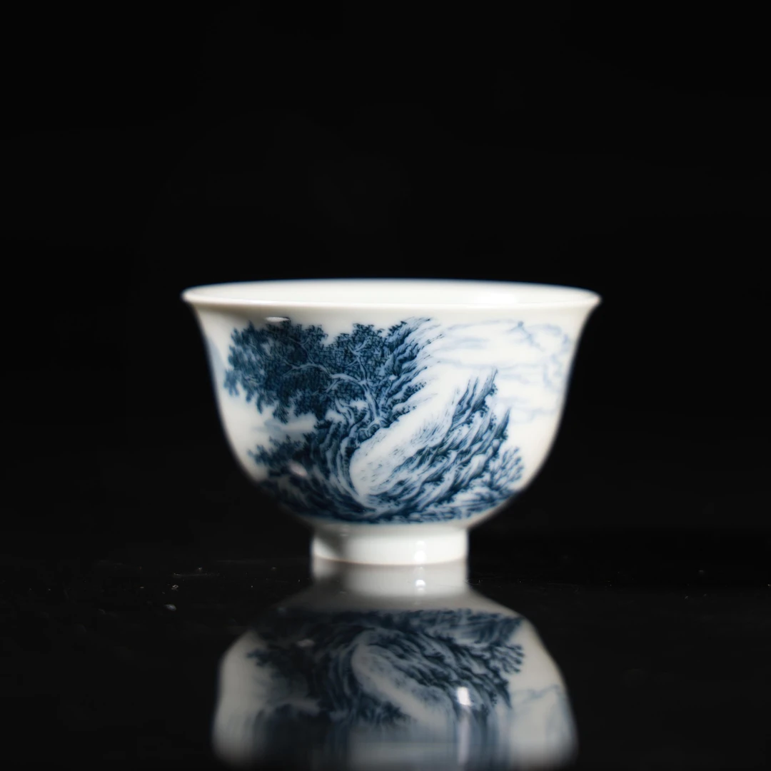 【央广甄瓷】钟家窑 林泉幽韵图撇口杯