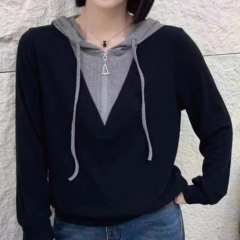 长袖拼接女卫衣休闲舒适帽衫毛衫时尚百搭针织宽松SY-G6070-A25