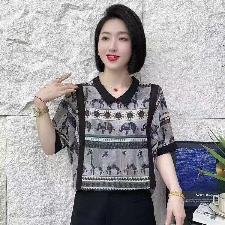 【原创正品】2025夏季减龄时尚娃娃领短袖高级感印花上衣X55