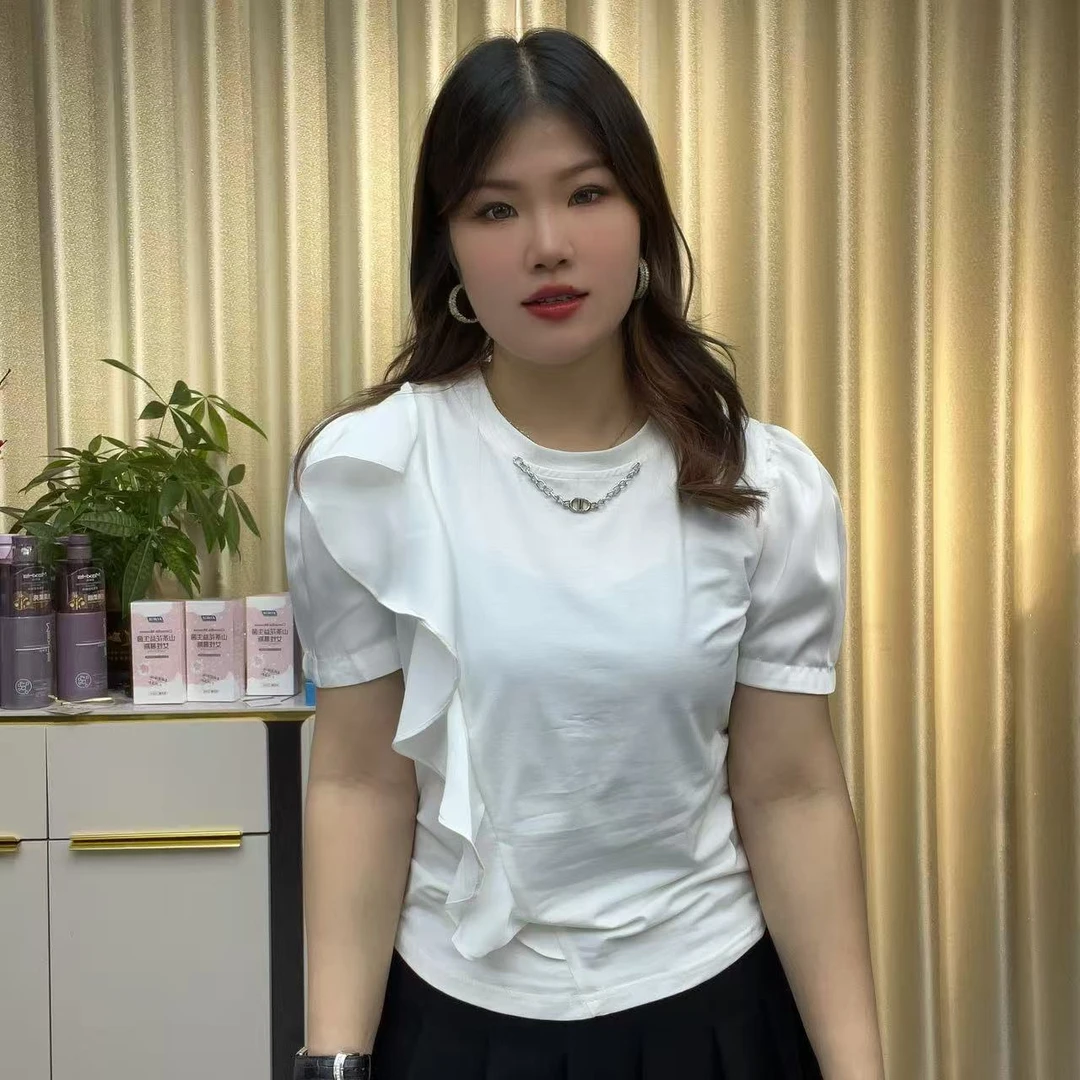 小鑫肝@现货浮力圆领带链荷叶边气质时尚百搭T恤 68732