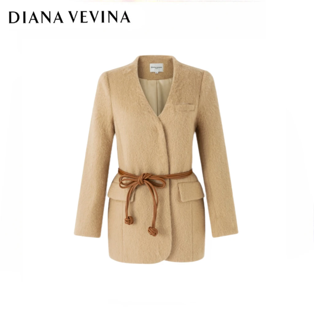 DIANA VEVINA  驼色束腰外套 美拉德毛呢v领外套