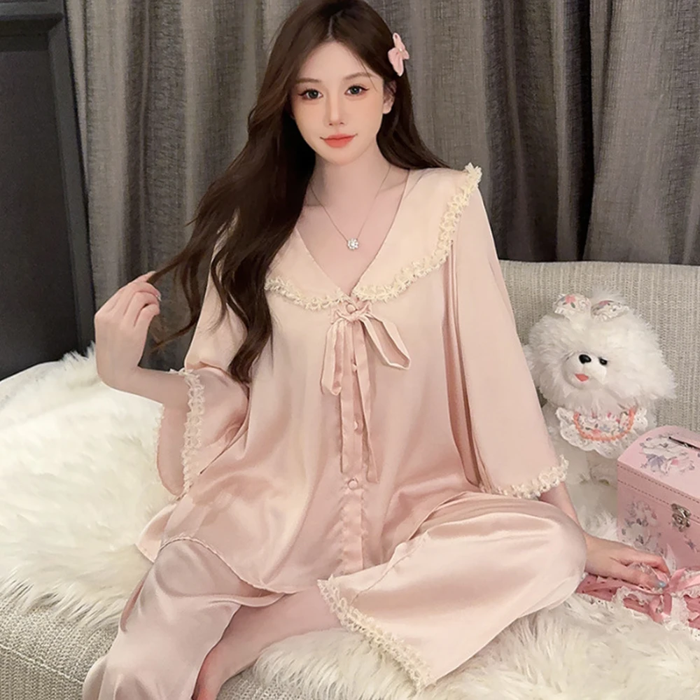 【明杏】新中式长袖睡衣女贡缎软丝薄款多巴胺家居服可外出闺蜜装