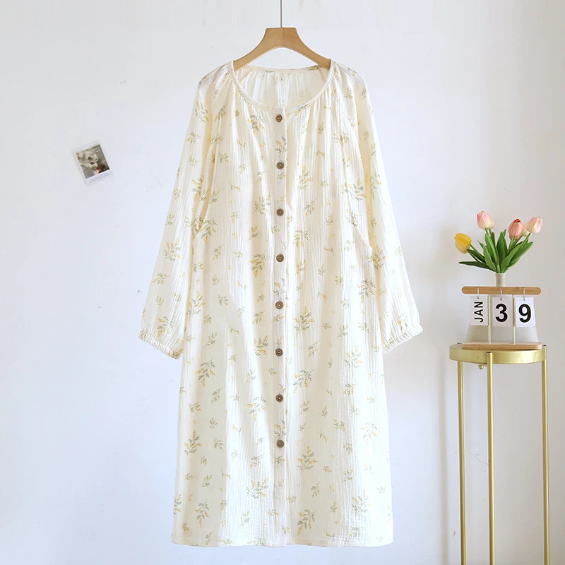 绉纱春秋夏季纯棉卡通带胸垫产后哺乳睡裙长袖月子服睡裙待产