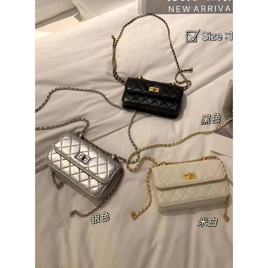 今年流行超火真皮银色小方包菱格包链条手机包高级感单肩斜挎小包