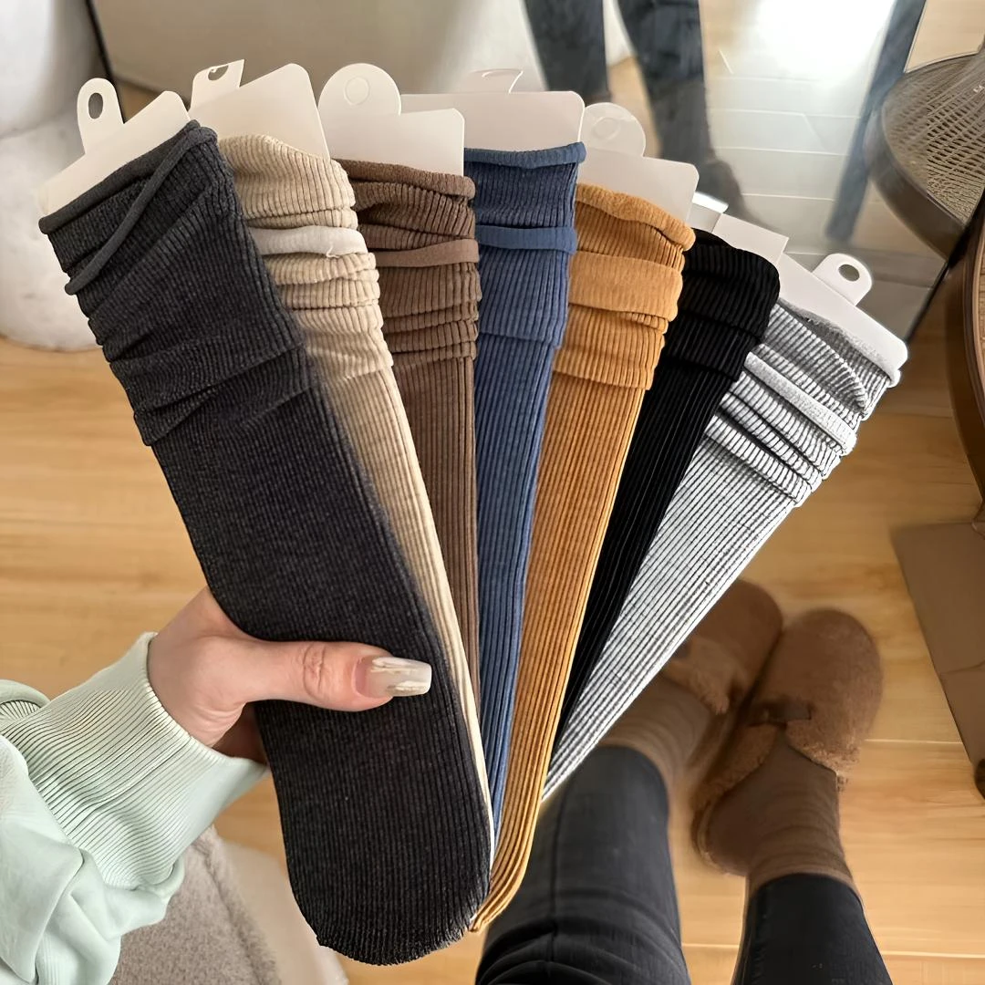 【5双装】秋冬磨毛袜子女纯色竖条纹奶咖色百搭堆堆袜子ins潮中筒袜