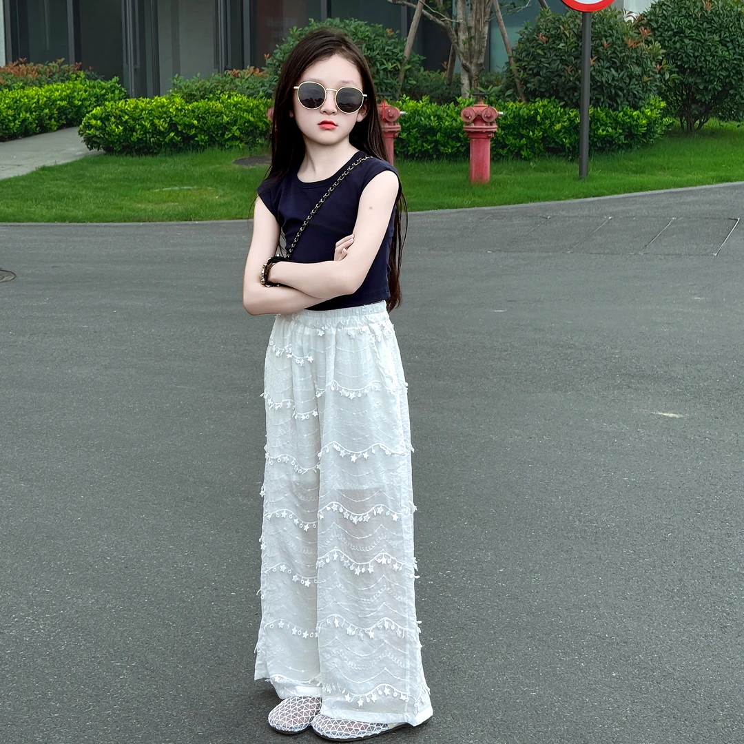 女童夏季2025新款洋气时髦韩版花边背心宽松休闲拖地裤两件套潮酷