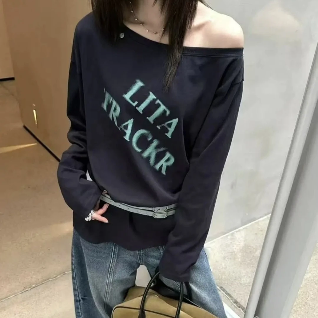 印花长袖字母T恤打底衫圆领春秋