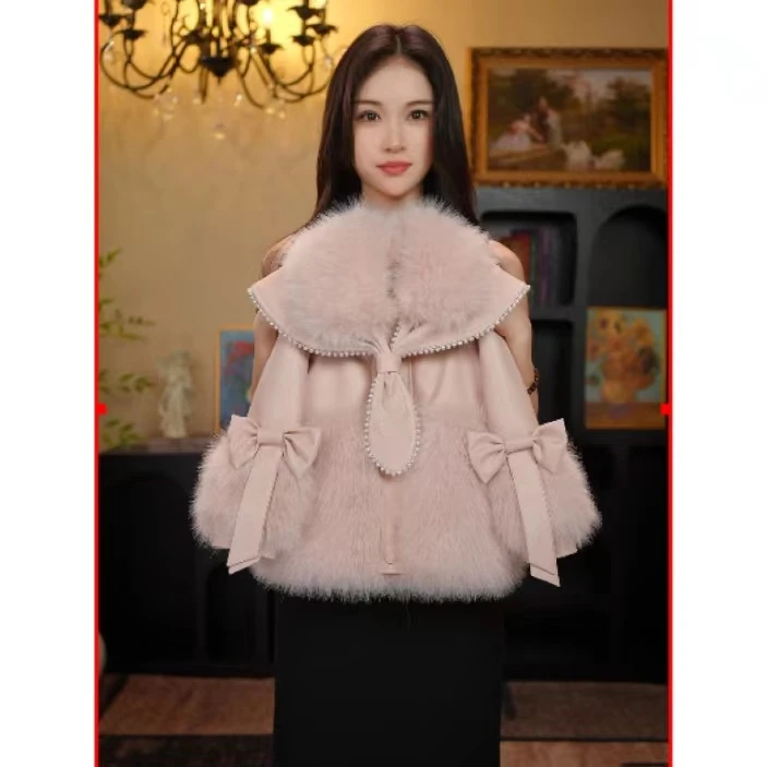 AODUOSEN/奥多森高端定制女童粉色领结小香风皮衣一体毛毛外套