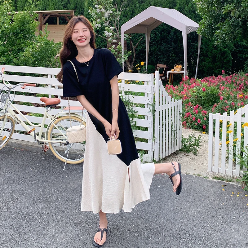 黑色赫本风拼接法式连衣裙女夏2025新款气质吊系约会鱼尾t恤裙