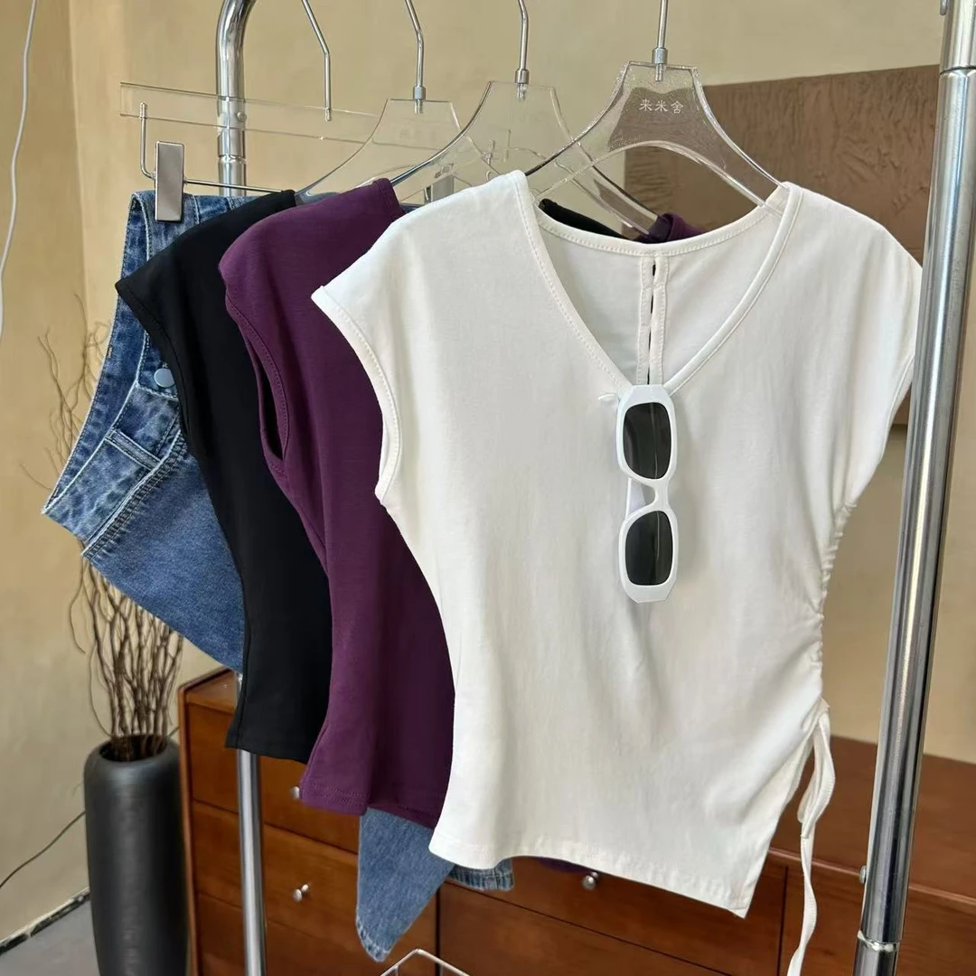 1035辣妹不规则侧边抽绳收腰显瘦V领纯御棉女装后背纽扣镂空T恤