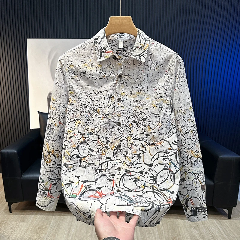 春秋季新款潮流印花长袖衬衫男宽松休闲日系纯棉百搭男装衬衣外套