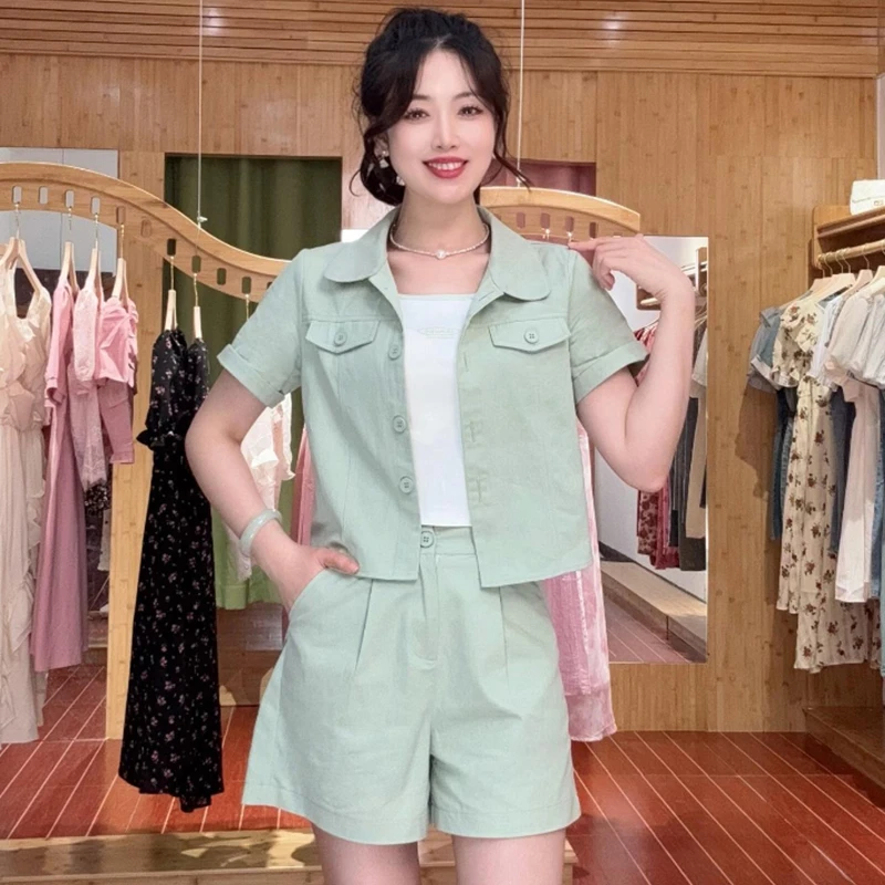 时尚套装女2025夏季新款小个子工装韩版显瘦开衫高腰短裤两件套
