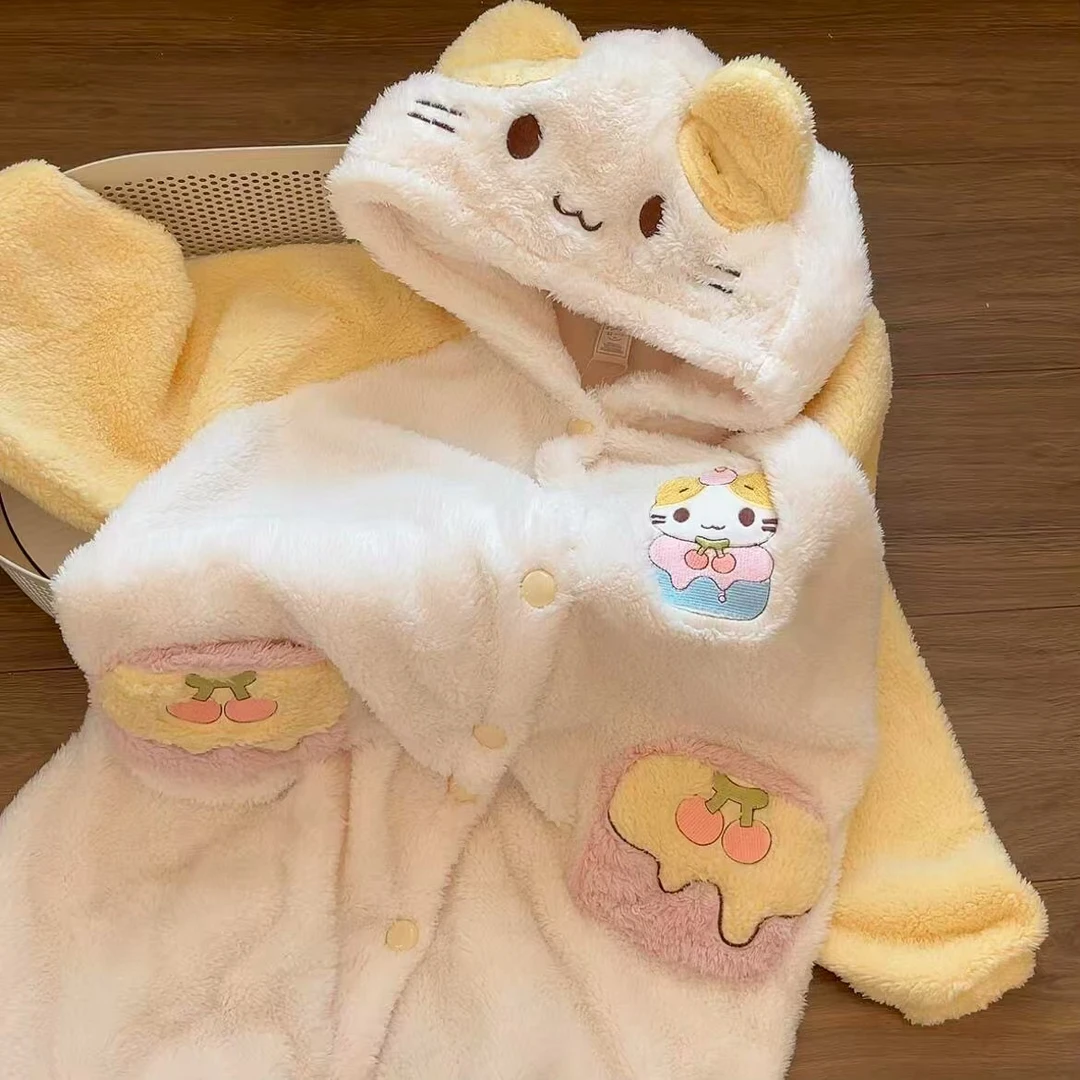 棉花糖猫睡袍2025冬季新款睡衣卡通加绒加厚珊瑚家居服套装可外穿