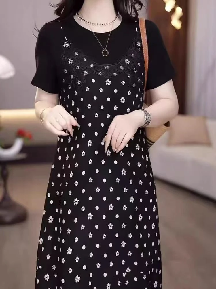 F268 新款2025夏季韩版连衣裙高端假两件拼接显瘦韩系中长款裙子