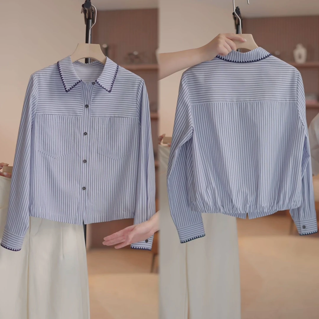 休闲百搭韩版洋气翻领衬衫秋季新款2025时尚宽松大码条纹拼接上衣
