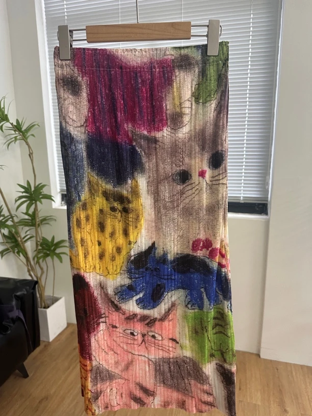 彩色猫咪印花三宅风高腰松紧褶皱显瘦休闲半身裙