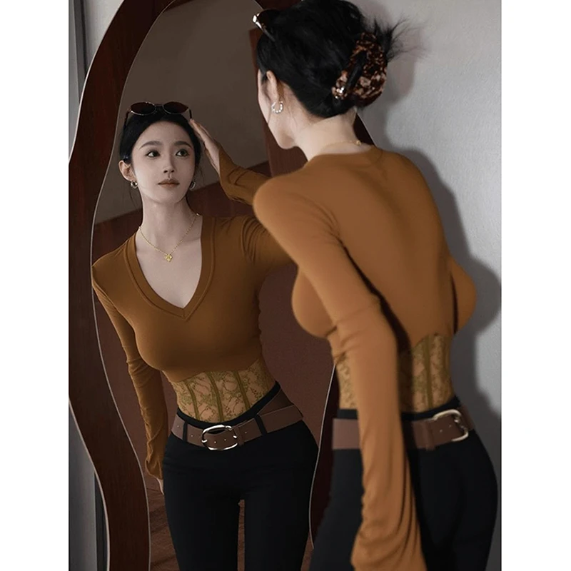 纯欲复古蕾丝拼接长袖打底衫女内搭设计感秋冬独特漂亮甜辣妹上衣