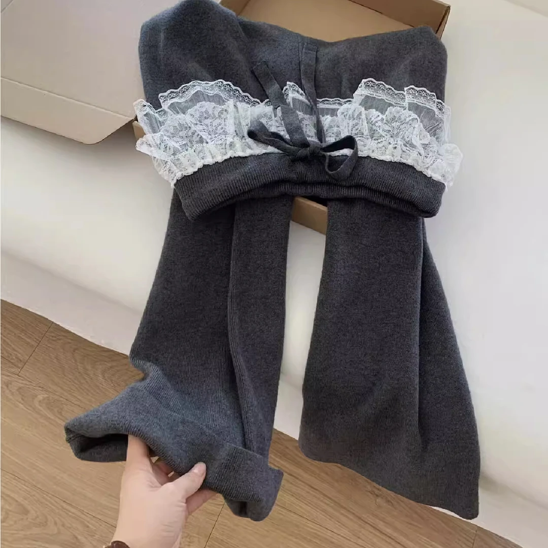 韩系蕾丝花边屁帘针织阔腿裤女秋冬新款慵懒风宽松显瘦垂感休闲裤