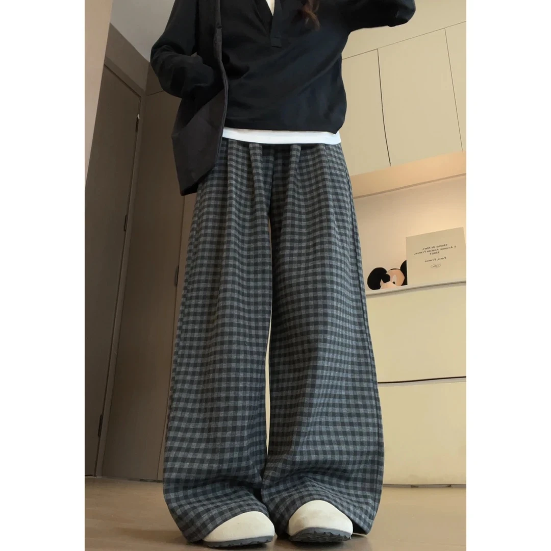 秋冬港风朋克风阔腿裤加绒加厚高腰格子休闲裤复古百搭外穿直筒女