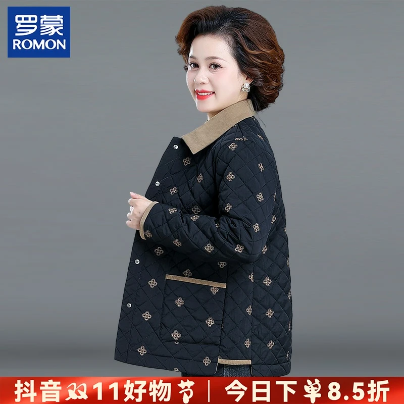 罗蒙妈妈冬装轻薄棉衣中年女士新款夹棉外套中老年人冬季保暖棉袄