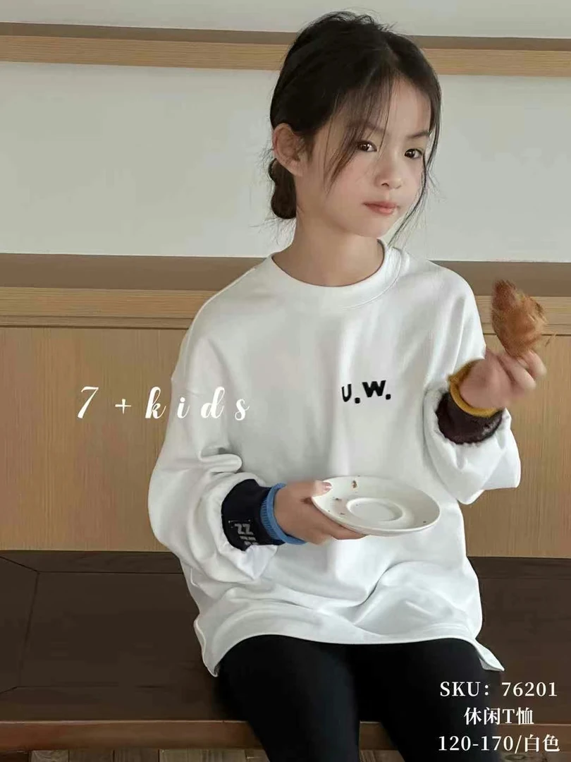 女童T恤韩版春季圆领时尚宽松百搭吸汗女纯色春秋长袖中性