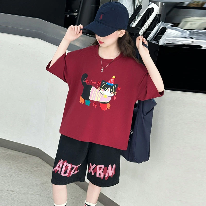 女童2025新款夏季猫咪印花薄款短袖短裤时尚潮酷休闲T恤上衣百搭