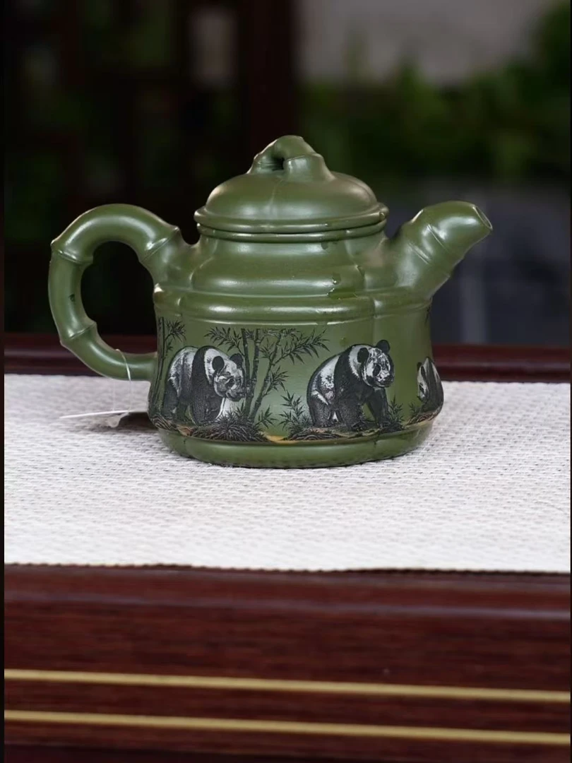 宜兴原矿紫砂 手工茶壶 绿泥 竹鼎 8128 300CC