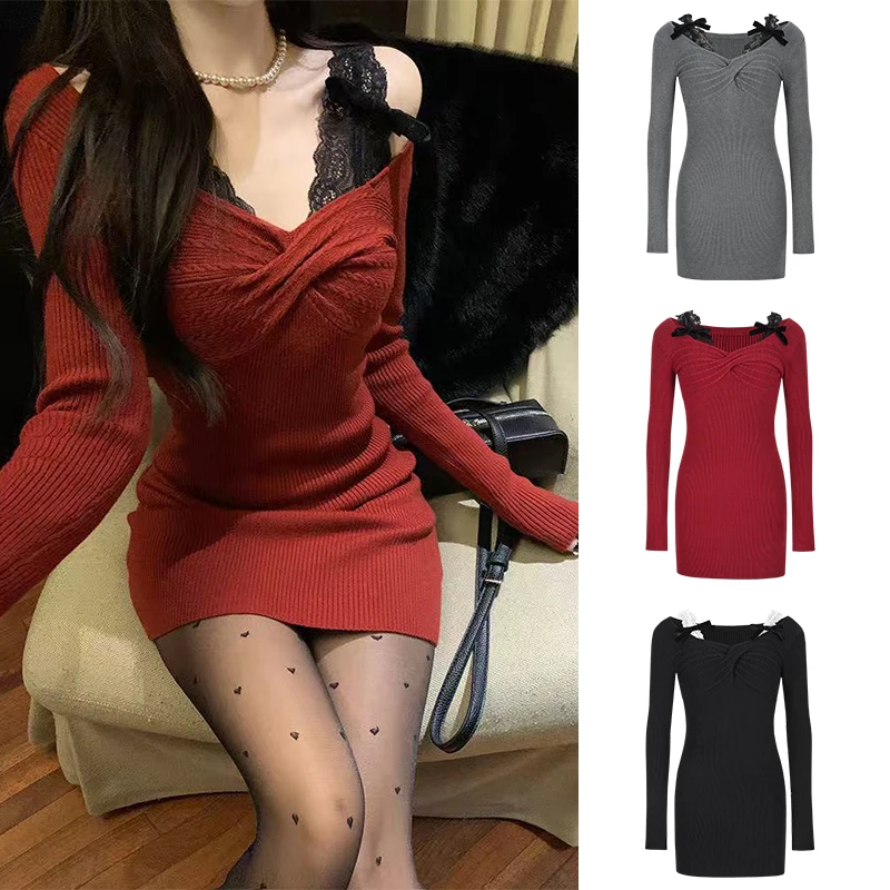 Moses Queen/魔西女王圣诞蕾丝拼接蝴蝶结复古收腰针织连衣裙女