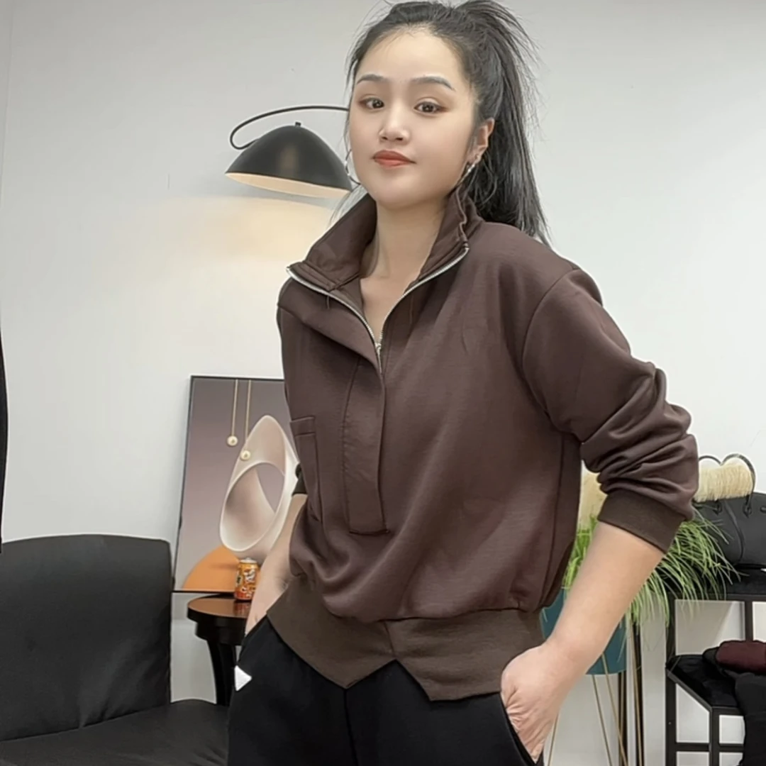 时尚立领长袖卫衣女春季新款气质半拉链开叉设计感T恤上衣服