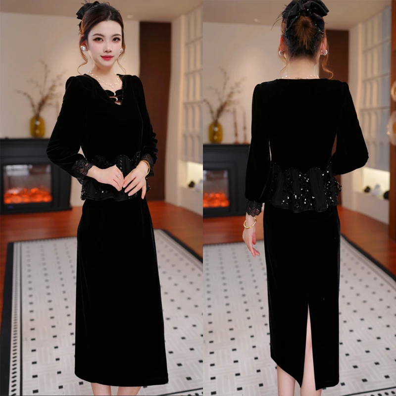 【夜波星辰】2025秋季新款收腰显瘦洋气减龄女人味黑色连衣裙