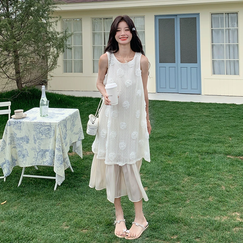 海边度假风长裙女2025夏季新款甜美立体花朵假两件宽松背心连衣裙