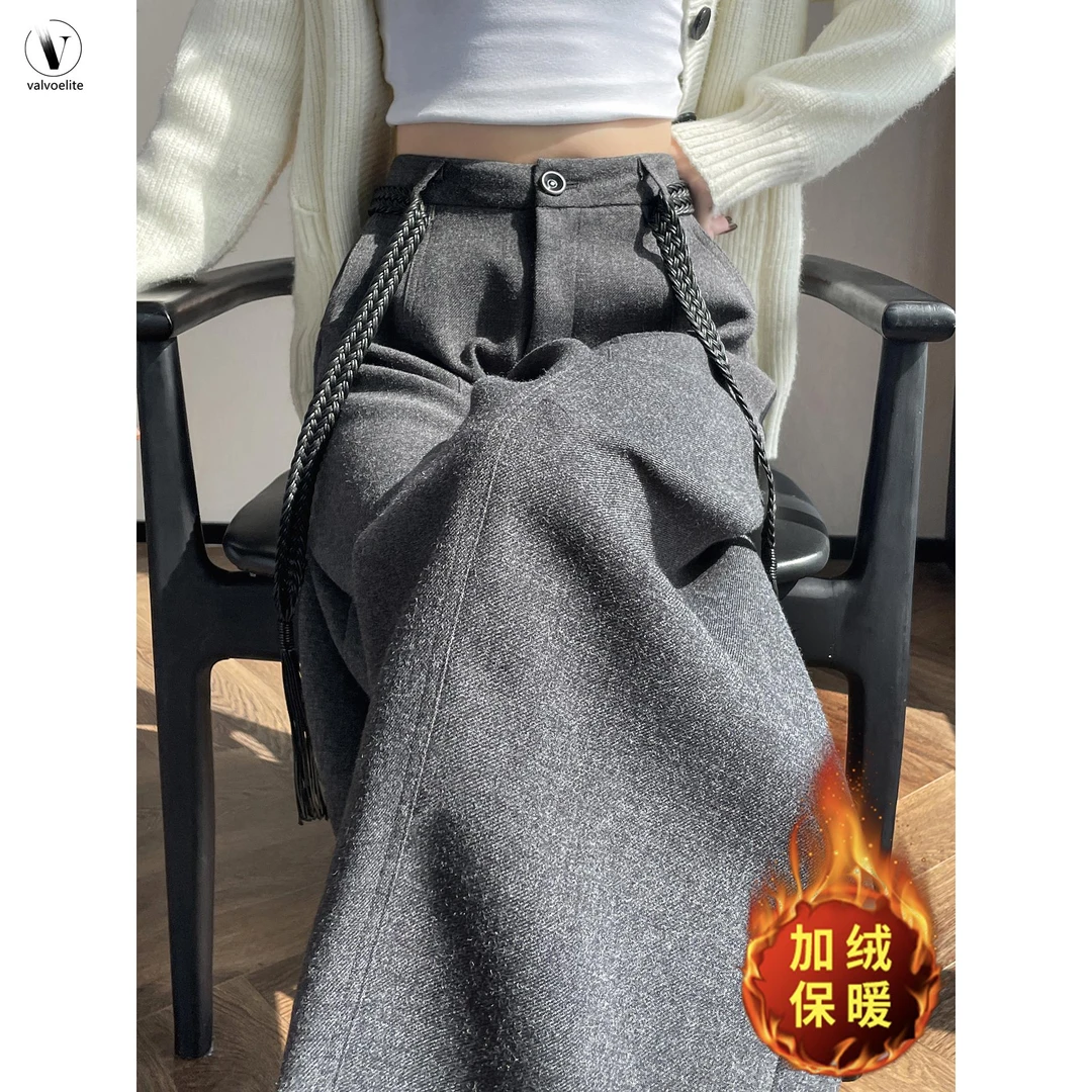 VALVOELITE加绒加厚毛呢弯刀西装裤女秋冬高腰直筒垂感休闲阔腿裤