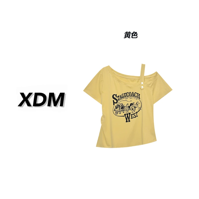 斜肩露肩扣子肩带美式字母印花收腰捏褶显瘦大码女装短袖上衣3267