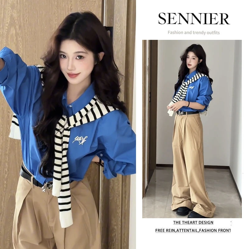 今年流行穿搭一整套2025新款气质通勤长袖披肩衬衫阔腿裤三件套装