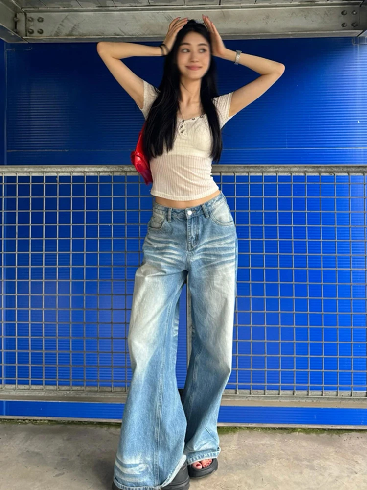 大码胖mm美式牛仔裤女秋冬新款蓝色新款直筒高腰显瘦拖地阔腿裤子