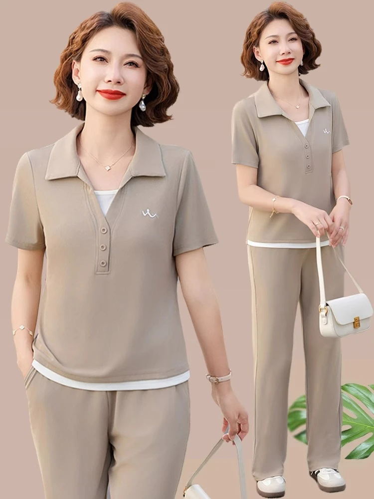 夏季休闲运动服套装女2025新款中年妈妈40岁50短袖T恤时尚两件套