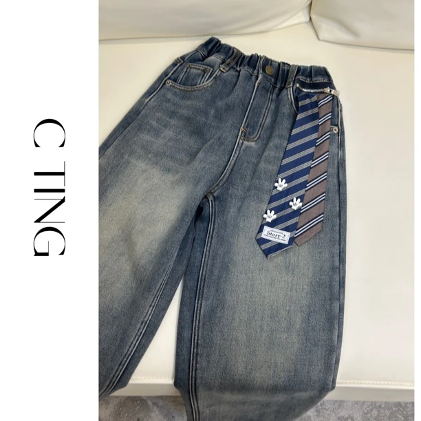 C TING新款韩版亲子装童装可拆领带装饰加绒做旧牛仔裤老爹裤7158