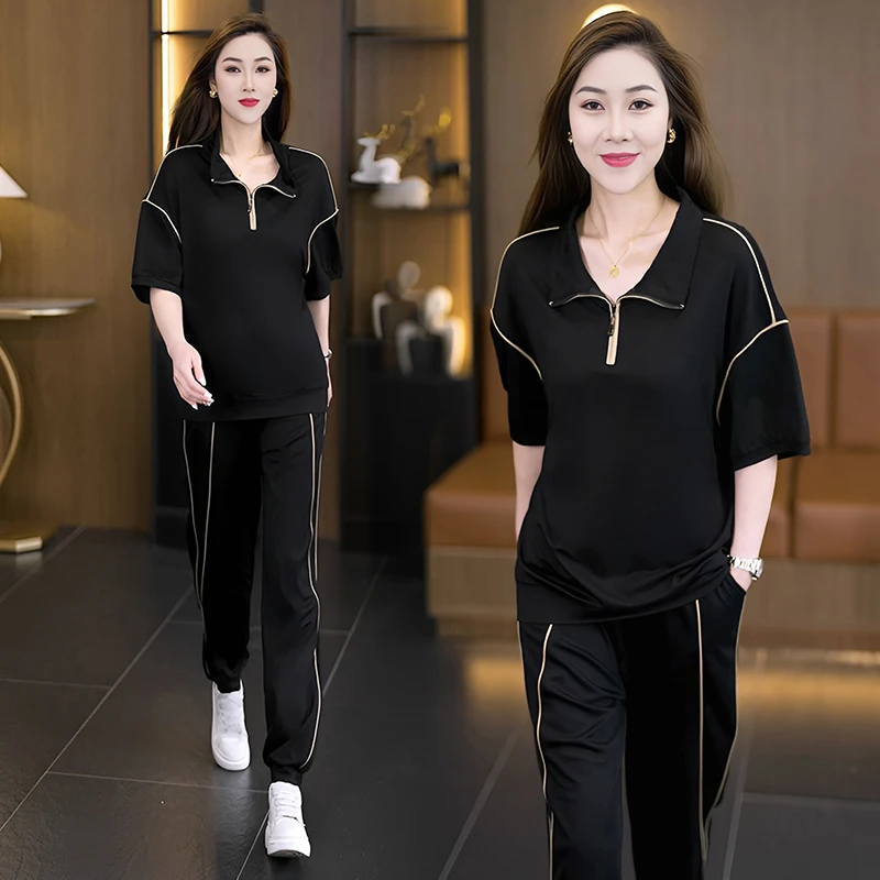 大码女装运动休闲风时尚套装宽松遮肉显瘦夏装洋气减龄跑步两件套